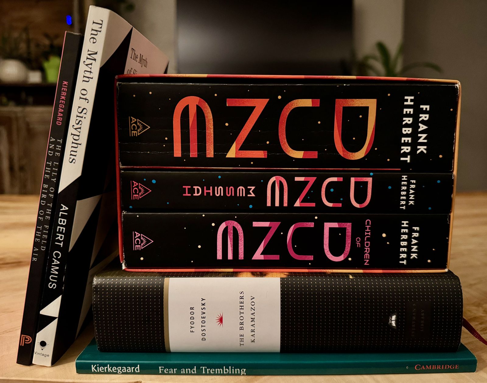 A stack of books: Dune, The Brothers Karamazov, Fear and Trembling, The Myth of Sisyphus, The Lily of the Field and the Bird of the Air